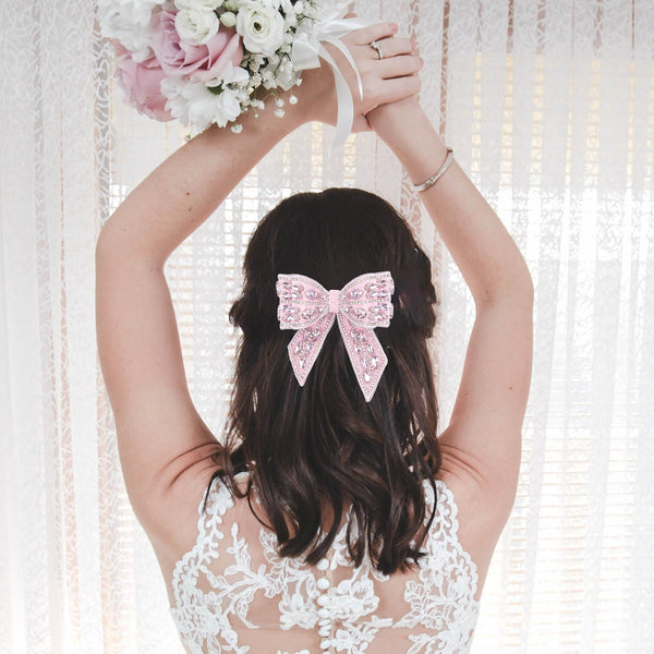Embellished Crystal Hair Bow Barrette Clip - Pink