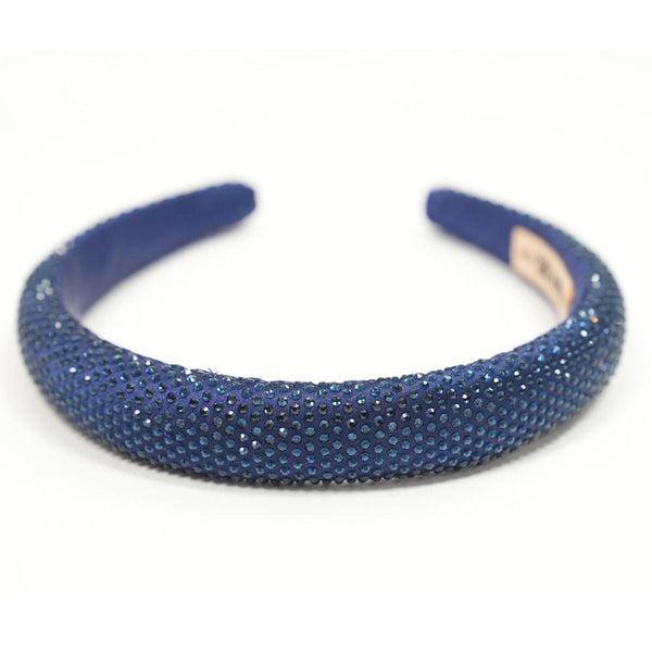 Silk Satin Puff Hair Band with Rhinestones - Royal Blue