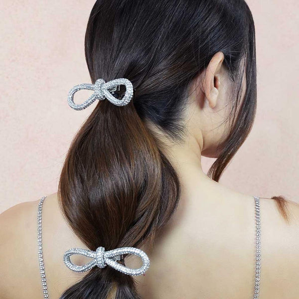 Silver Crystal Hair Bow Alligator Clip - Set of 2
