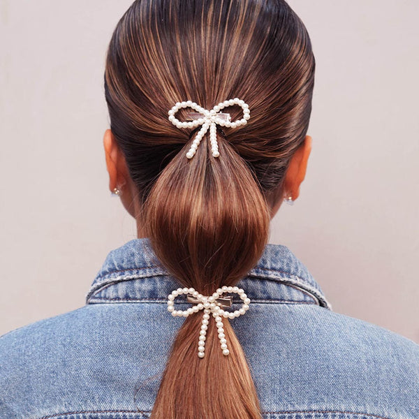 Off-White Embellished Pearl Hair Bow Alligator Clip - Set of 2