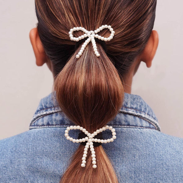 Pearl Bow Hair Tie - Off-White - Set of 2