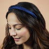 Silk Satin Puff Hair Band with Rhinestones - Royal Blue
