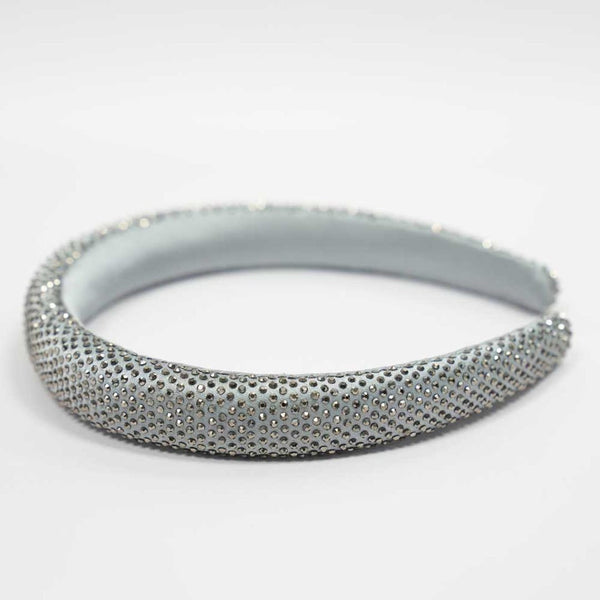 Silk Satin Puff Hair Band with Rhinestones - Grey