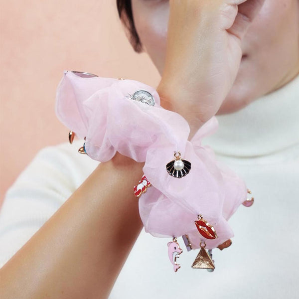 Oversized Organza Scrunchie with Charms - Pink