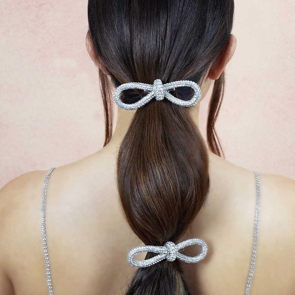 Silver Crystal Hair Bow Alligator Clip - Set of 2