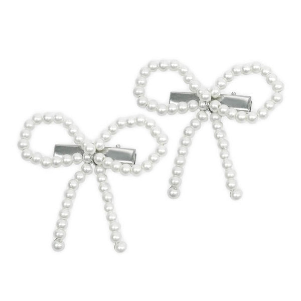 Off-White Embellished Pearl Hair Bow Alligator Clip - Set of 2