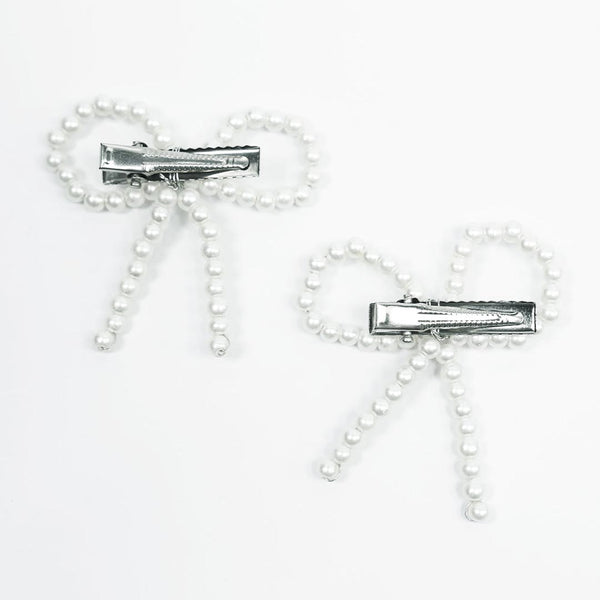 Off-White Embellished Pearl Hair Bow Alligator Clip - Set of 2