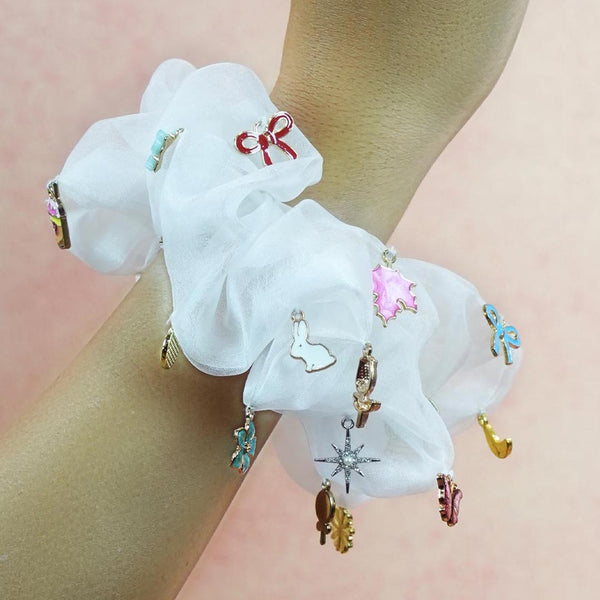 Oversized Organza Scrunchie with Charms - White