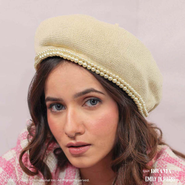 HDC X Emily In Paris Off-White Beret with Pearl Embellishment