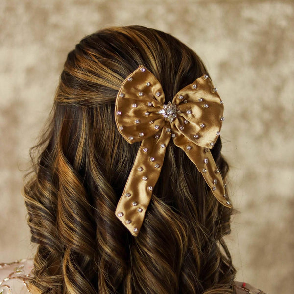 Crystal Hair Bow Alligator Clip - Golden Beige