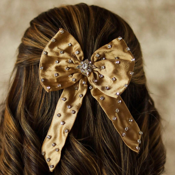 Crystal Hair Bow Alligator Clip - Golden Beige