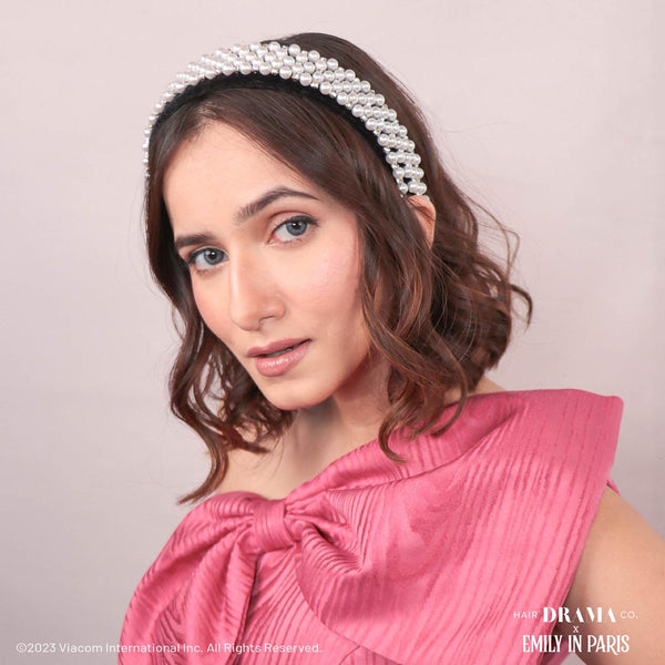 HDC X Emily In Paris Embellished Black Velvet Headband with Pearls & Crystals