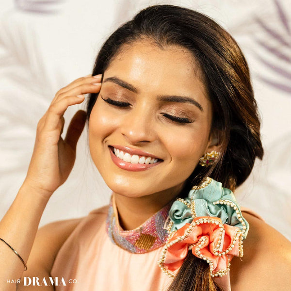 Set of 2 Silk Satin Scrunchies with Pearls - Pink & Mint Green