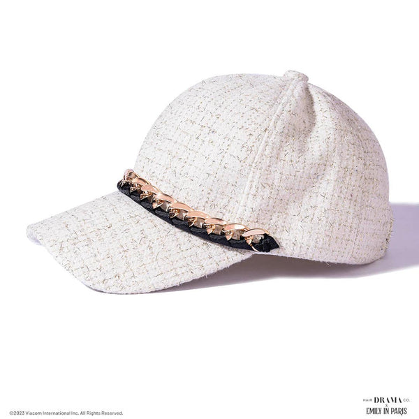 HDC x Emily in Paris Off-White Tweed Baseball Cap with Gold Chain