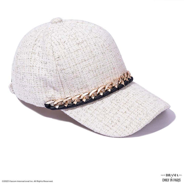HDC x Emily in Paris Off-White Tweed Baseball Cap with Gold Chain