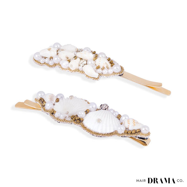 Shell & Pearl Embellished Hair Pins - Set of 2 - Gold