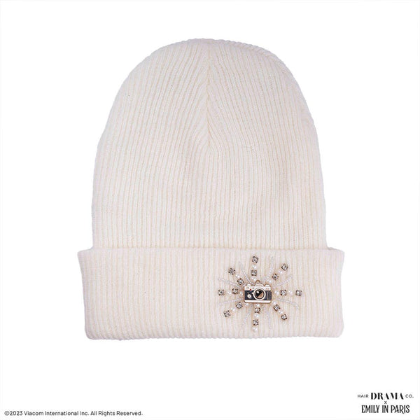 HDC X Emily In Paris White Beanie with Pearls, Crystals & Camera Charm