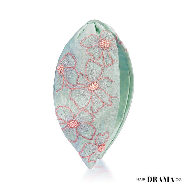 Flower Motif Knotted Headband - Mint Green