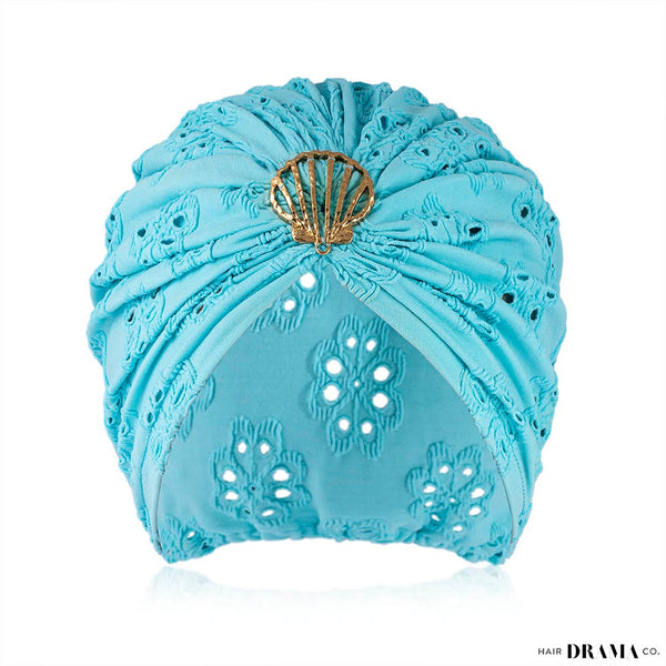 Blue Cutwork Turban with Shell Metal Broach