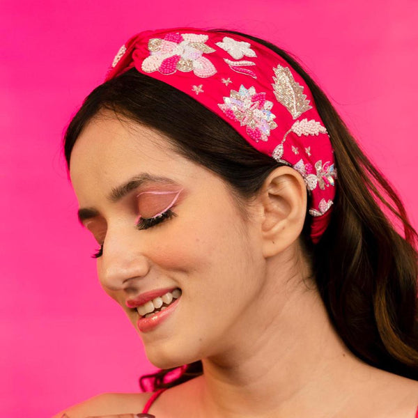 Blossom Embellished Hair Band for Women - Hot Pink
