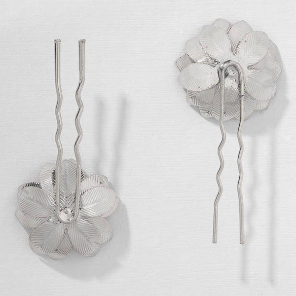 Set of 2 Floral Pearl U Pins - Silver