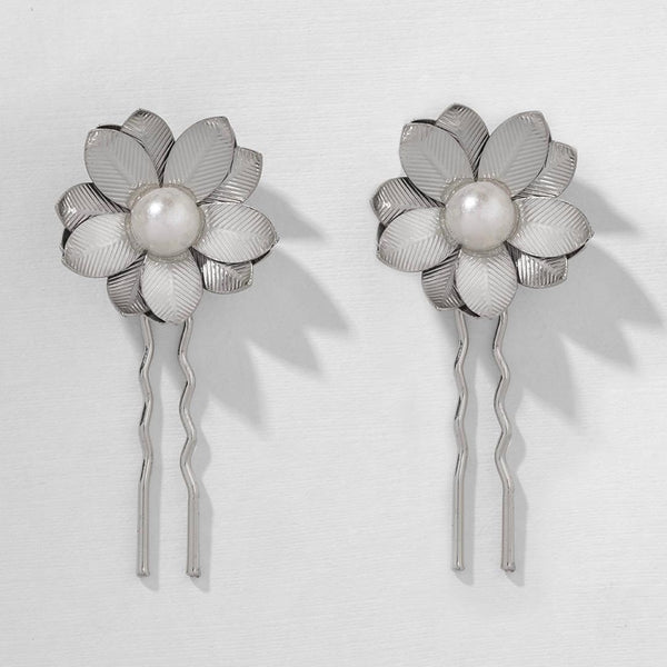 Set of 2 Floral Pearl U Pins - Silver
