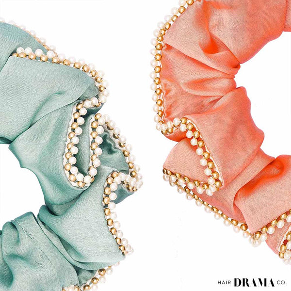 Set of 2 Silk Satin Scrunchies with Pearls - Pink & Mint Green