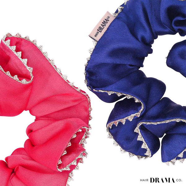 Set of 2 Silk Satin Scrunchies with Gota Patti - Blue & Pink