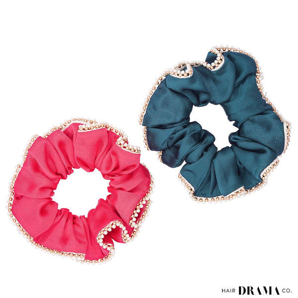 Set of 2 Silk Satin Scrunchies with Pearls - Pink & Green