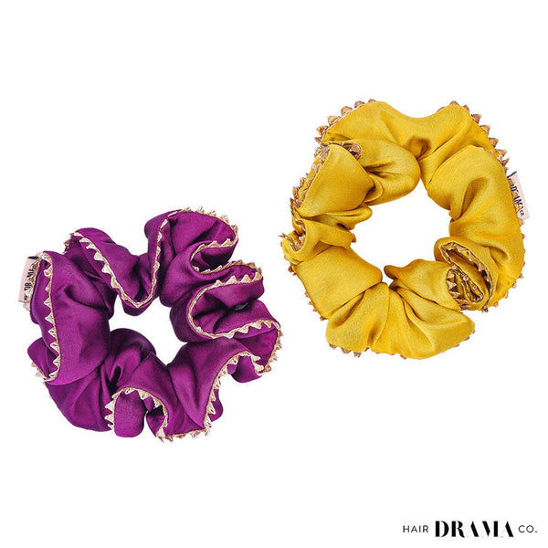 Set of 2 Silk Satin Scrunchies with Gota Patti - Purple & Mustard