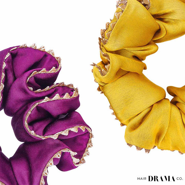 Set of 2 Silk Satin Scrunchies with Gota Patti - Purple & Mustard