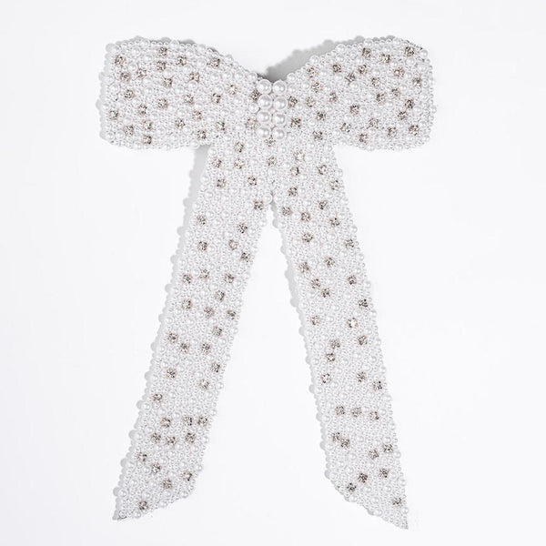 Embellished Pearl & Crystal Hair Bow Barrette Clip - White