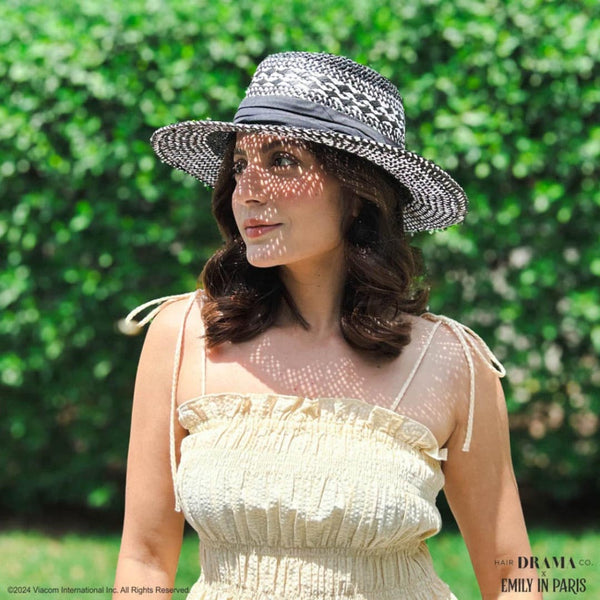 HDC x Emily In Paris Black & White Woven Straw Flat Brim Hat