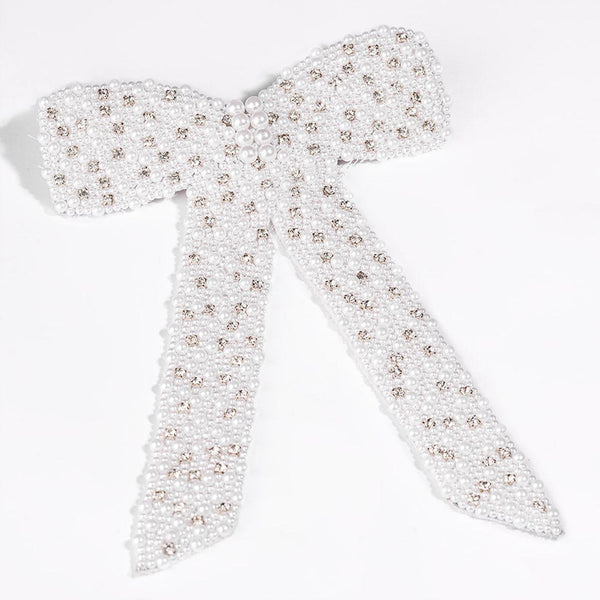 Embellished Pearl & Crystal Hair Bow Barrette Clip - White