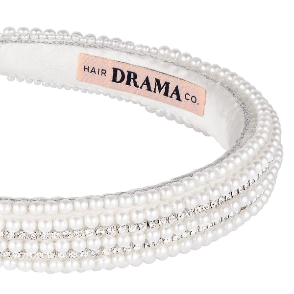 Pearls & Crystal Puff Hair Band - White