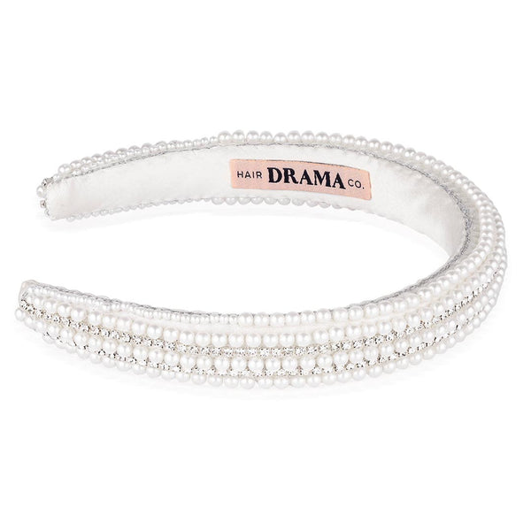 Pearls & Crystal Puff Hair Band - White