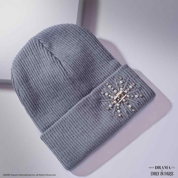 HDC X Emily In Paris Grey Beanie with Pearls, Crystals & Camera Charm
