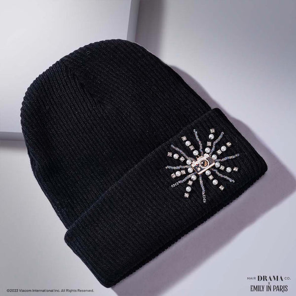 HDC X Emily In Paris Black Beanie with Pearls, Crystals & Camera Charm