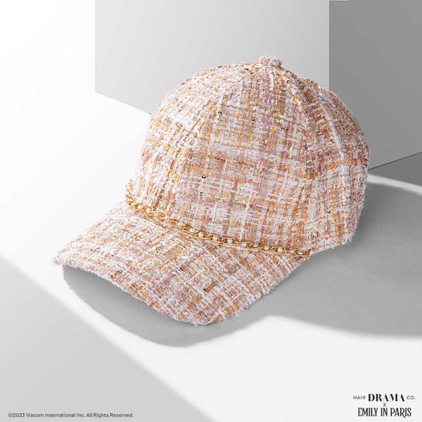 HDC x Emily in Paris Beige Tweed Baseball Cap with Pearl Chain