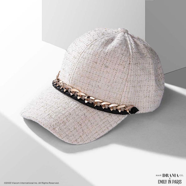 HDC x Emily in Paris Off-White Tweed Baseball Cap with Gold Chain