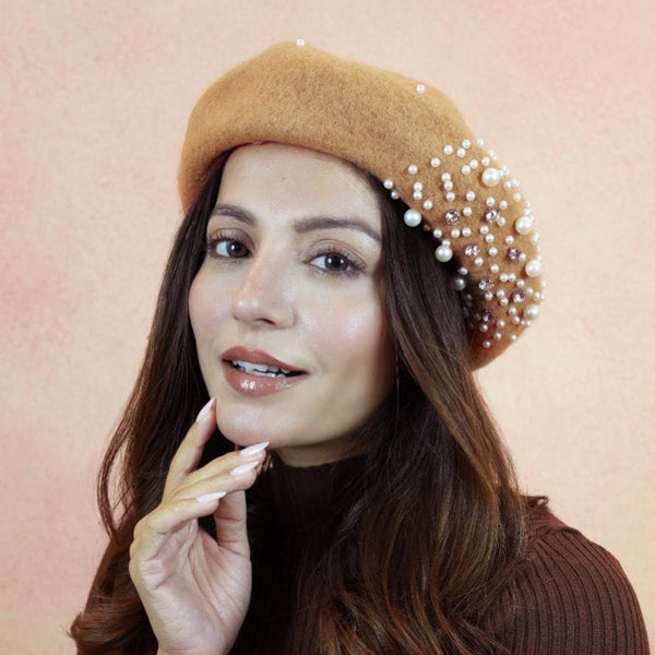 Beret with Pearls & Crystals - Tan