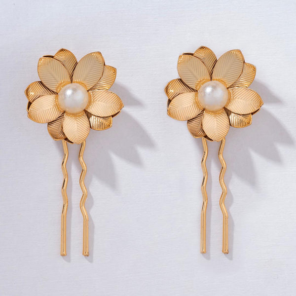 Set of 2 Floral Pearl U Pins - Gold