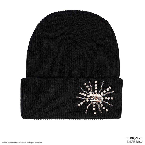HDC X Emily In Paris Black Beanie with Pearls, Crystals & Camera Charm