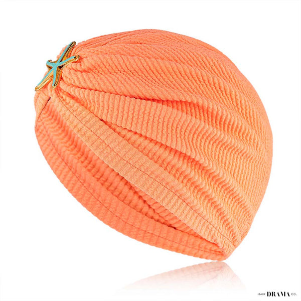 Neon Orange Ribbed Turban with Starfish Metal Broach