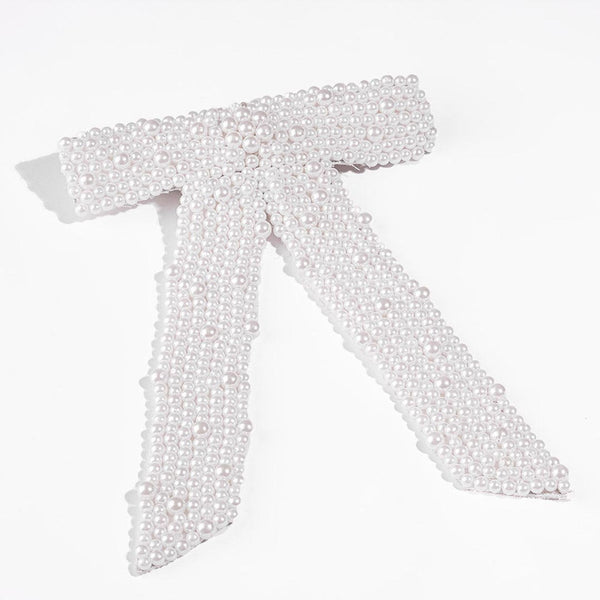 Embellished Pearl Hair Bow Barrette Clip - White