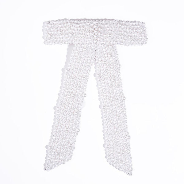 Embellished Pearl Hair Bow Barrette Clip - White