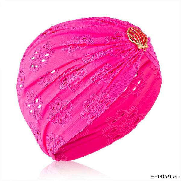 Hot Pink Cutwork Turban with Shell Metal Broach
