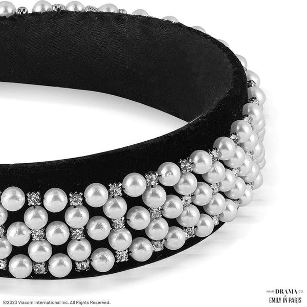 HDC X Emily In Paris Embellished Black Velvet Headband with Pearls & Crystals