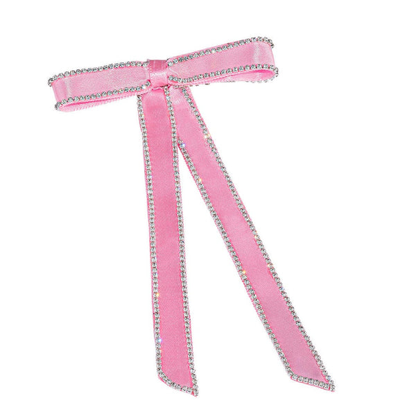 Satin Ribbon Crystal Hair Bow - Pink