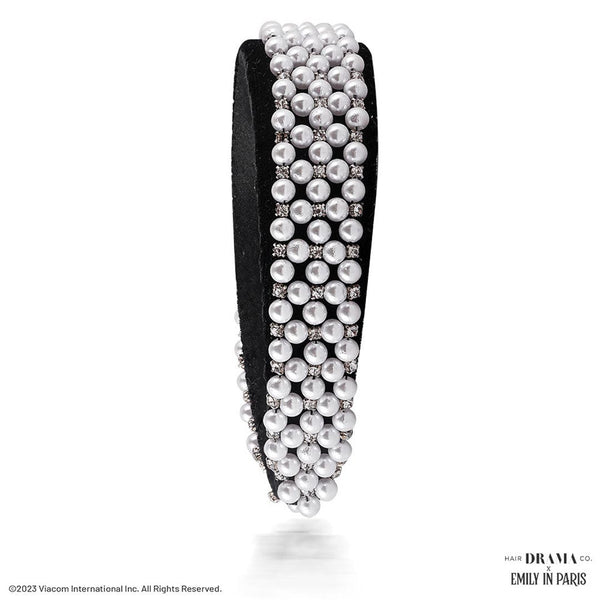 HDC X Emily In Paris Embellished Black Velvet Headband with Pearls & Crystals